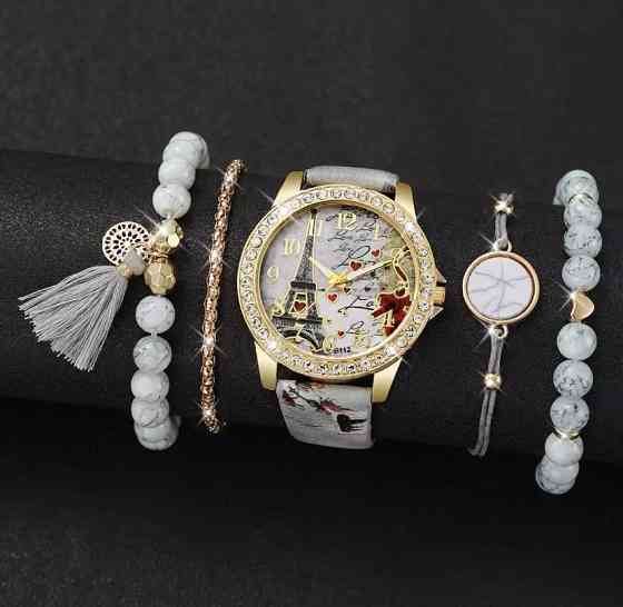 Подарунковий набір для жінок 1 наручний годинник з 4 стильними браслетами на руку без подарункової коробки білий Київ