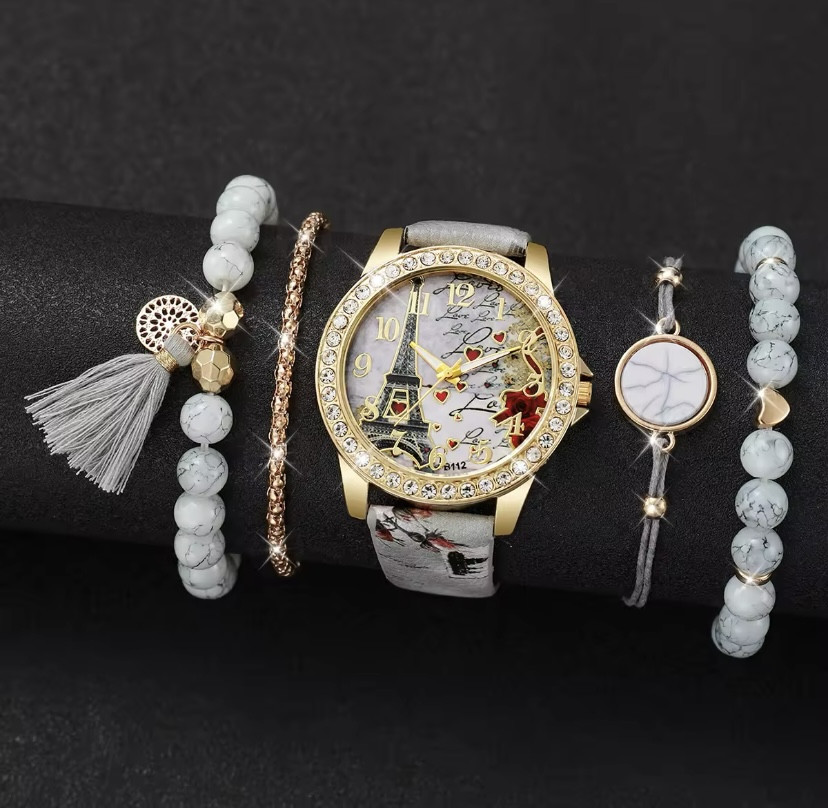 Подарунковий набір для жінок 1 наручний годинник з 4 стильними браслетами на руку без подарункової коробки білий Київ - фото 1