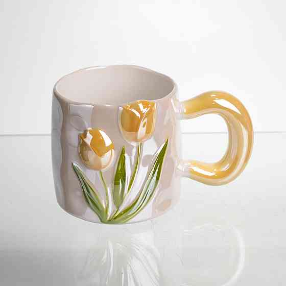 Новорічна порцелянова чашка для чаю та кави "Ніжний Тюльпан" з 3D-декором 400 мл, святкова кружка чашка на подарунок Помаранчевий FM-40B Коломия