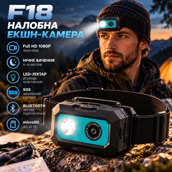 Екшн-камера F18 Full HD 1080P налобна, нічне бачення 5–10 м, LED-ліхтар, SOS, Bluetooth, microSD до 32 ГБ, чорна Київ