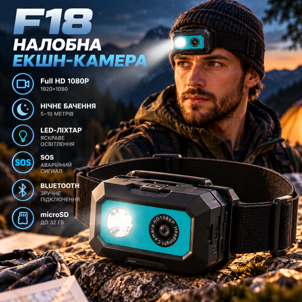 Екшн-камера F18 Full HD 1080P налобна, нічне бачення 5–10 м, LED-ліхтар, SOS, Bluetooth, microSD до 32 ГБ, чорна Київ - фото 1