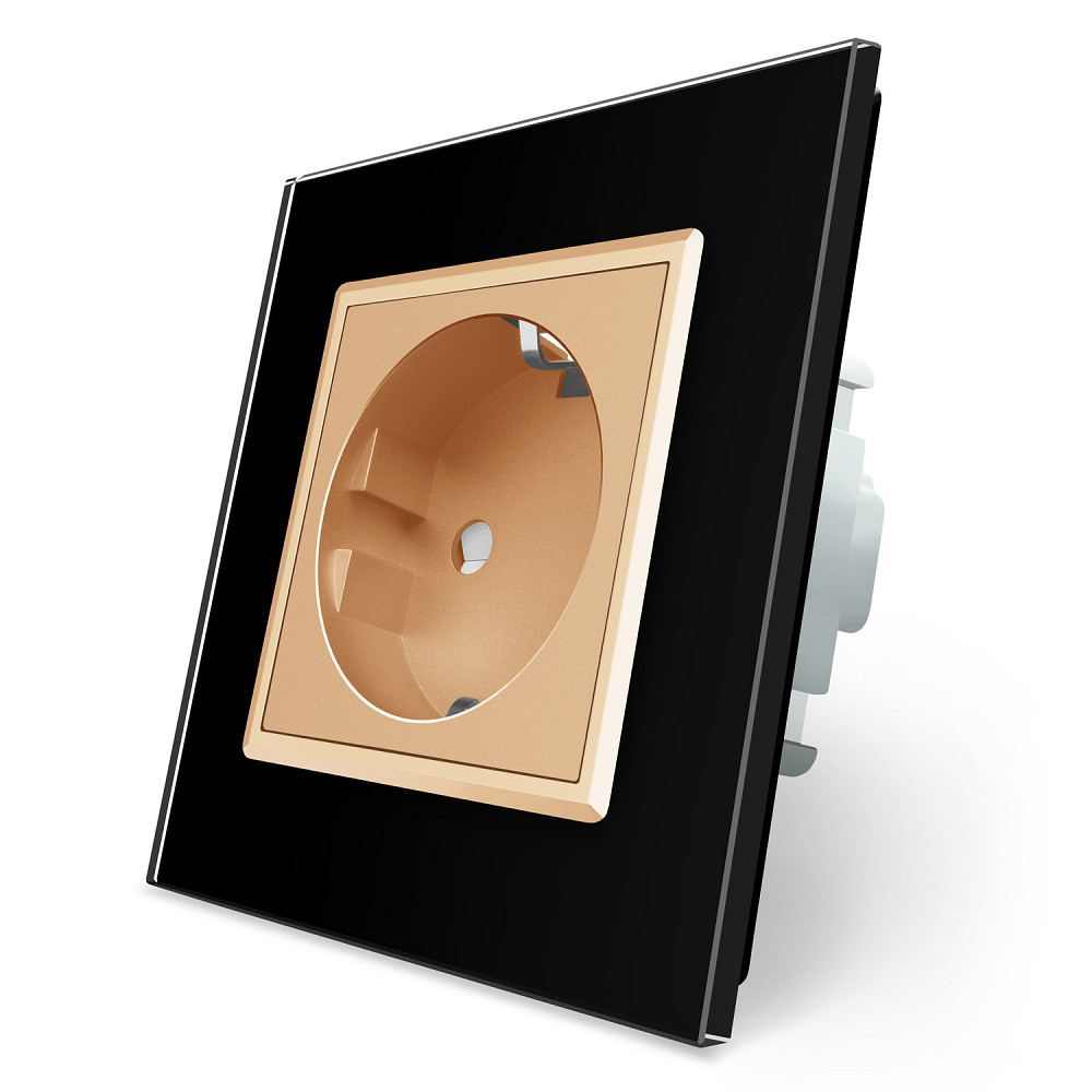 LIVOLO Електрична розетка з заземленням LIVOLO, золота з чорною рамкою, шторки, скло, 250В 16А Коломия - фото 1