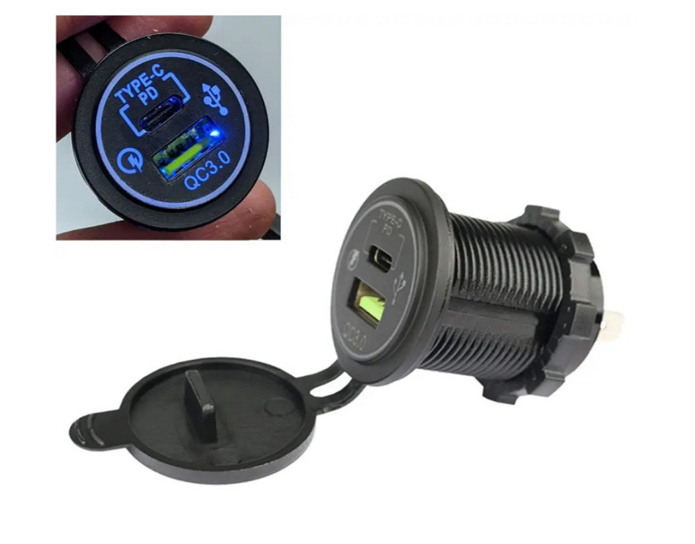 Гніздо прикурювача A93B USB QC 3,0 + TYPE-C врізне з кришкою та синьою підсвіткою 12/24V Харків - фото 1