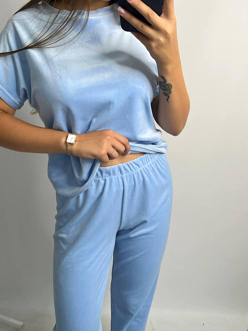 Піжама-комплект (футболка+шорти+штани) з плюшевого велюру Блакитний XL Харків - фото 4