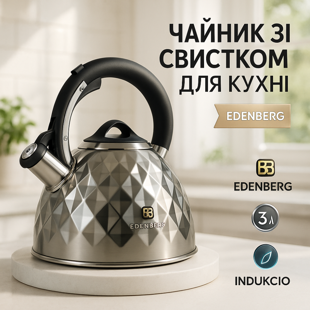 Чайник со свистком с удобной нейлоновой ручкой Edenberg EB-8833 3л, Кухонный чайник газовый YE-40 Львов - изображение 12