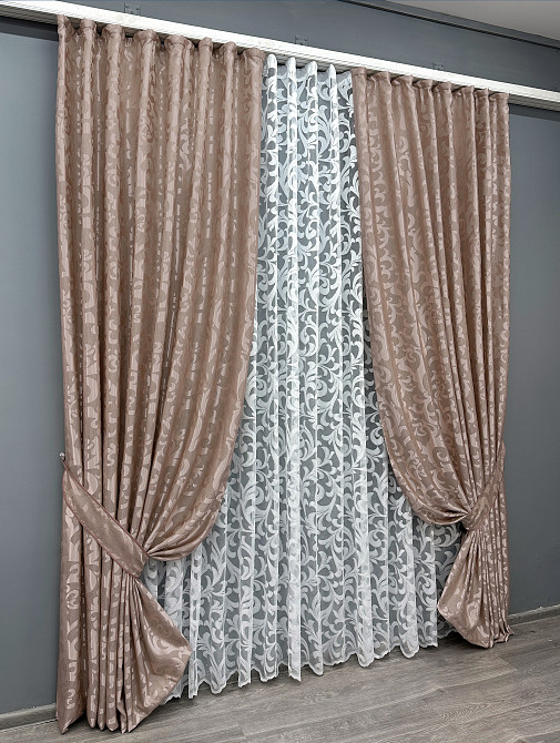 Комплект штор VR-Textil Жакард Вензель 200х270 2шт і Тюль 600х270 090ш-1147т Пудровий з білим 71-096/7 Київ - фото 2