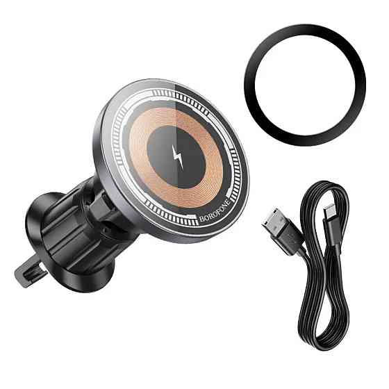 Тримач для мобiльного з БЗП BOROFONE BH211 Riley magnetic wireless fast charging car holder(air outlet) Black (6941991108693) Київ