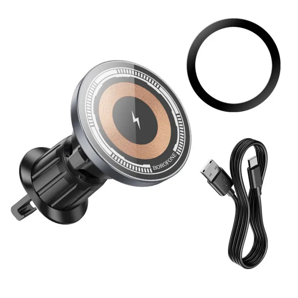 Тримач для мобiльного з БЗП BOROFONE BH211 Riley magnetic wireless fast charging car holder(air outlet) Black (6941991108693) Київ - фото 1
