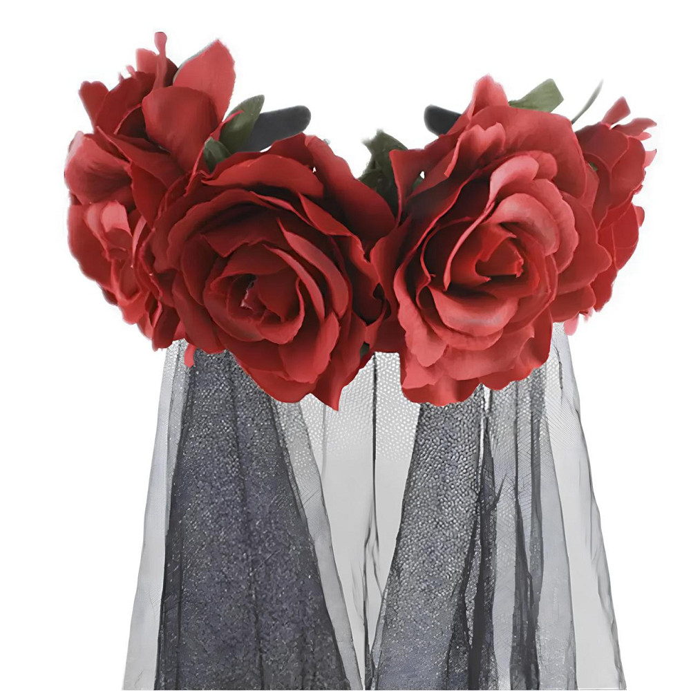 Обруч с розами и черной фатой RESTEQ. Ободок с розами и фатой. Обруч с красными розами и фата на Хэллоуин. Украшение для волос Киев - изображение 3