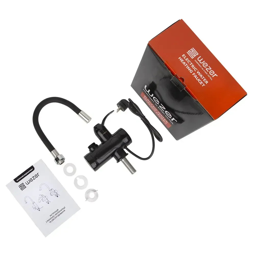 Проточний кран водонагрівач WEZER SDR-G15T-Black з гнучким виливом, чорний Київ - фото 2