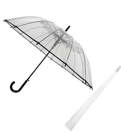 Зонтик прозрачный женский трость полуавтомат с 12 спицами черный Киев