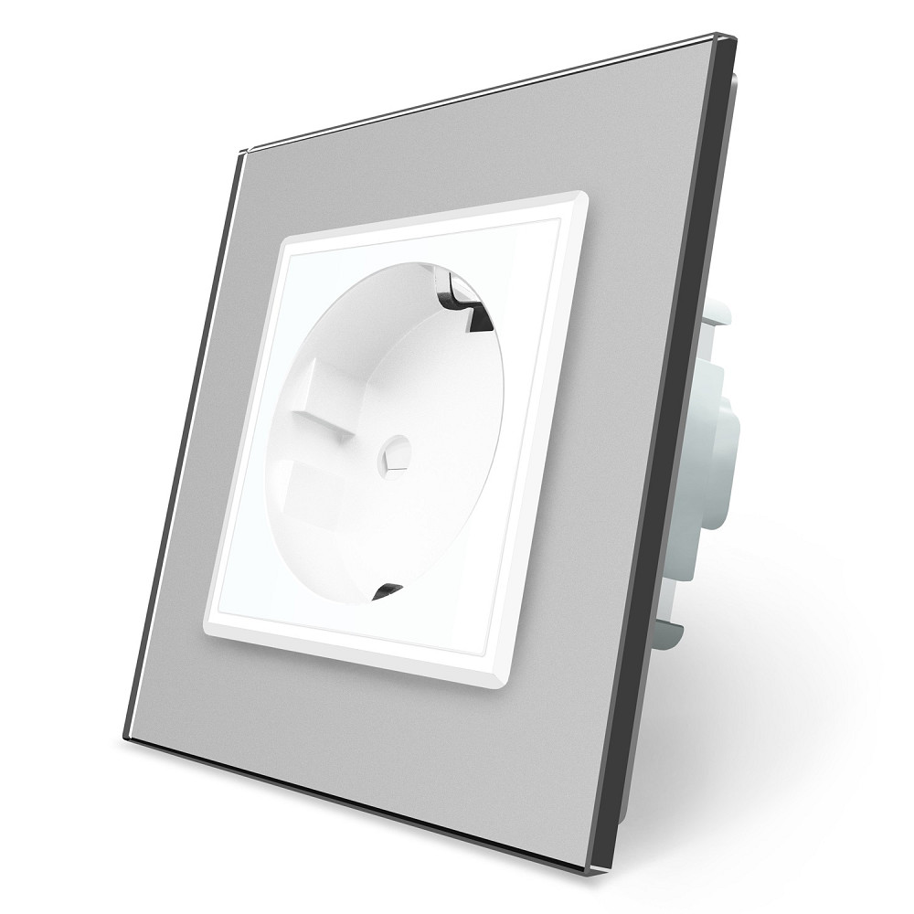 LIVOLO Електрична розетка з заземленням LIVOLO, біла з сірою рамкою, шторки, скло, 250В 16А (VL Коломия - фото 1