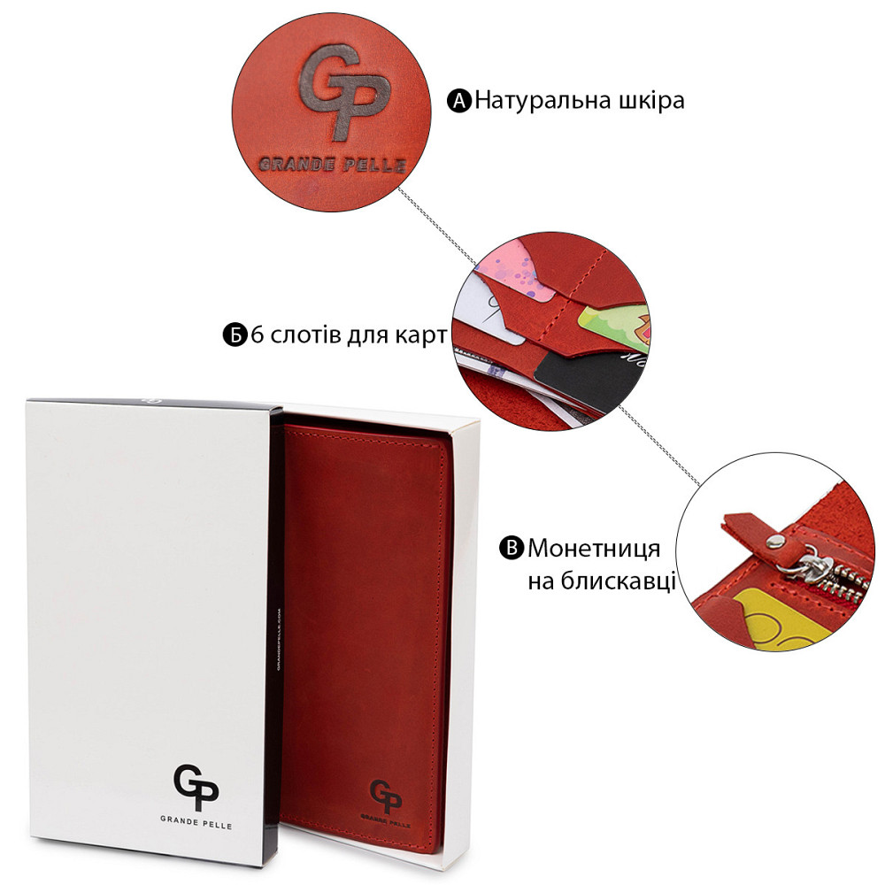 Кожаное женское матовое портмоне GRANDE PELLE 11512 Красный Киев - изображение 4