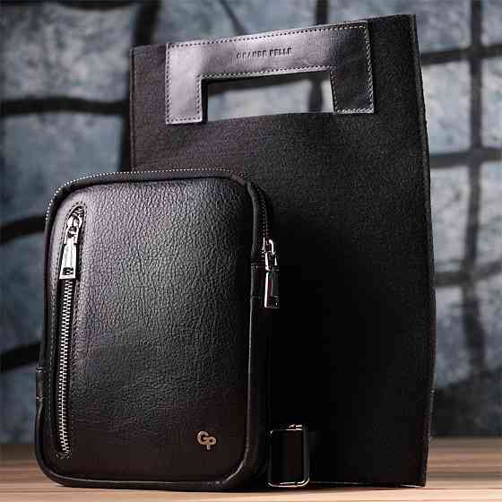 Мужская прямоугольная сумка бананка из зернистой натуральной кожи Черный (GRANDE PELLE) Киев