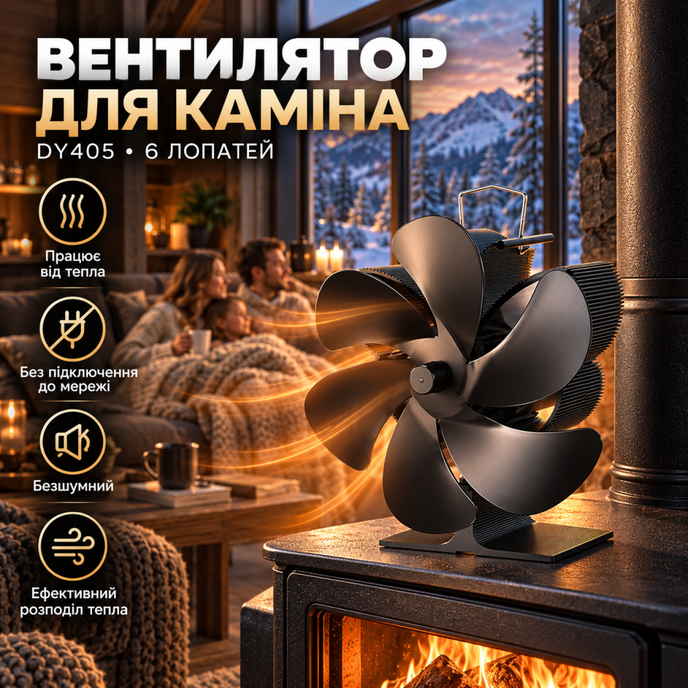Вентилятор для каміна термодинамічний DY405 на 6 лопатей: Тепловентилятор для печі без електрики, безшумний, анодований алюміній Київ - фото 8