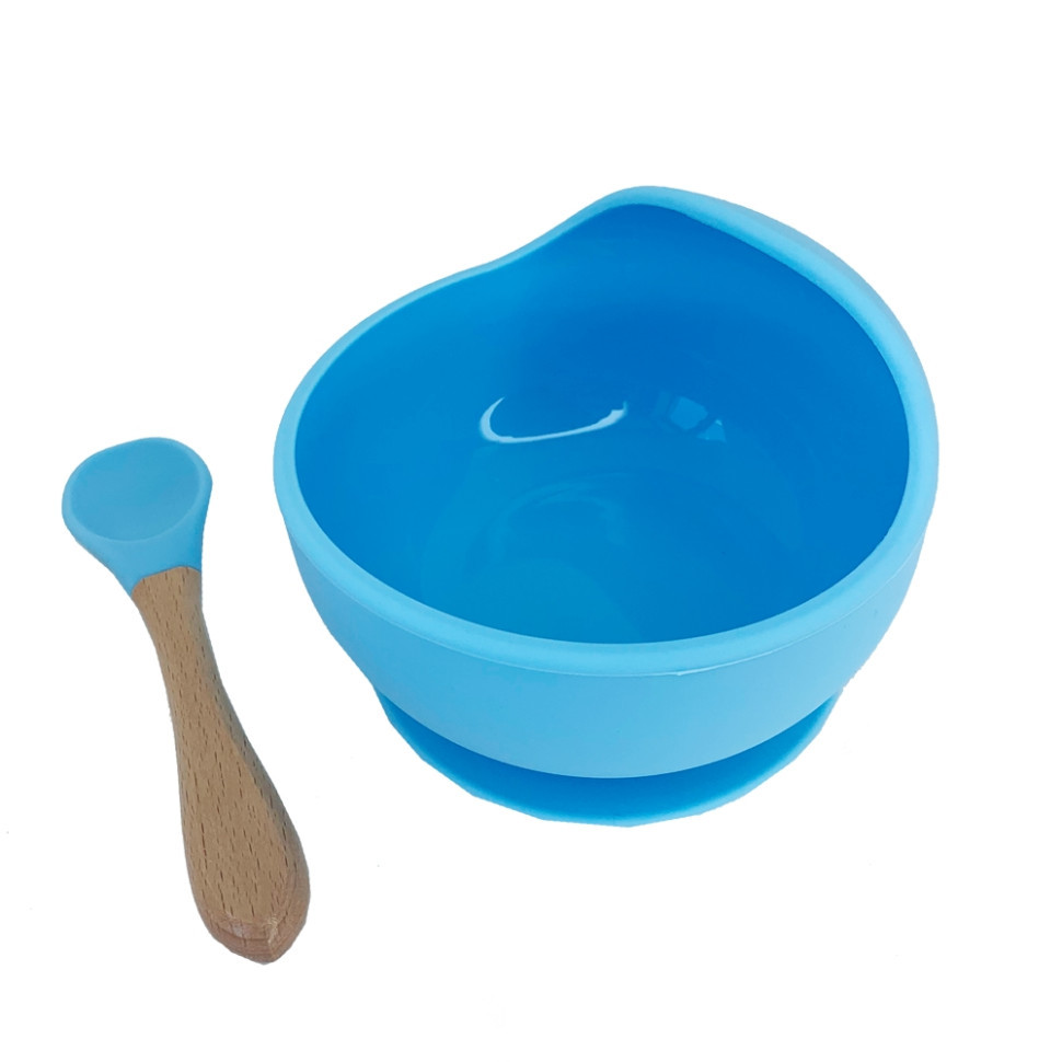 Силиконовая тарелка на присоске с деревянной ложкой MGZ-0103(Blue) 300 мл Винница - изображение 1