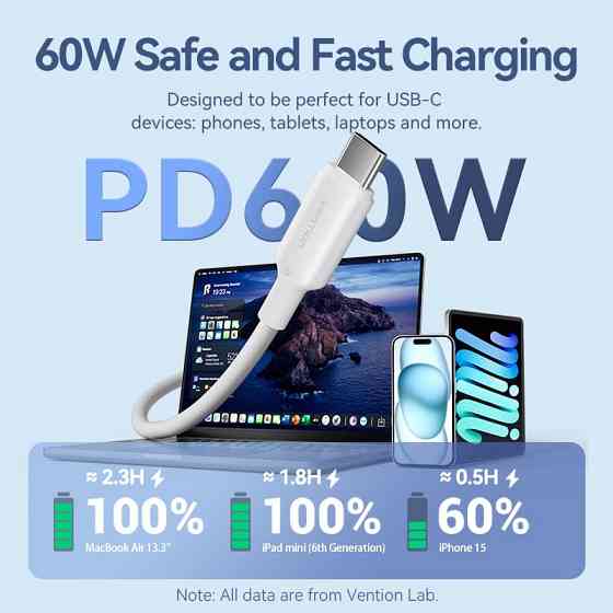 Кабель USB 2.0 Type-C M-M, 1.0 м 60W White Nickel-Plated Vention Вінниця