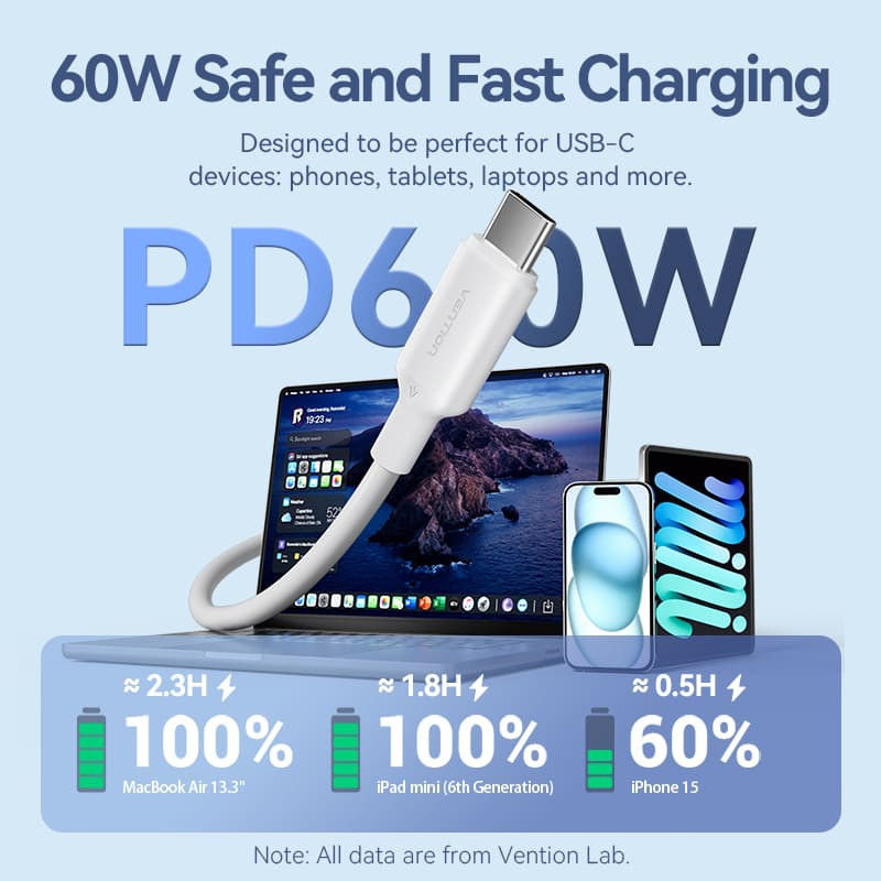 Кабель USB 2.0 Type-C M-M, 1.0 м 60W White Nickel-Plated Vention Вінниця - фото 5