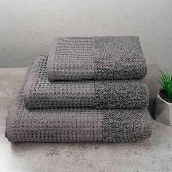 Комплект махрових рушників Вафельний Бордюр 3шт GM Textile 40х70см, 50х90см, 70х140см 500г/м2 (Сірий) Суми