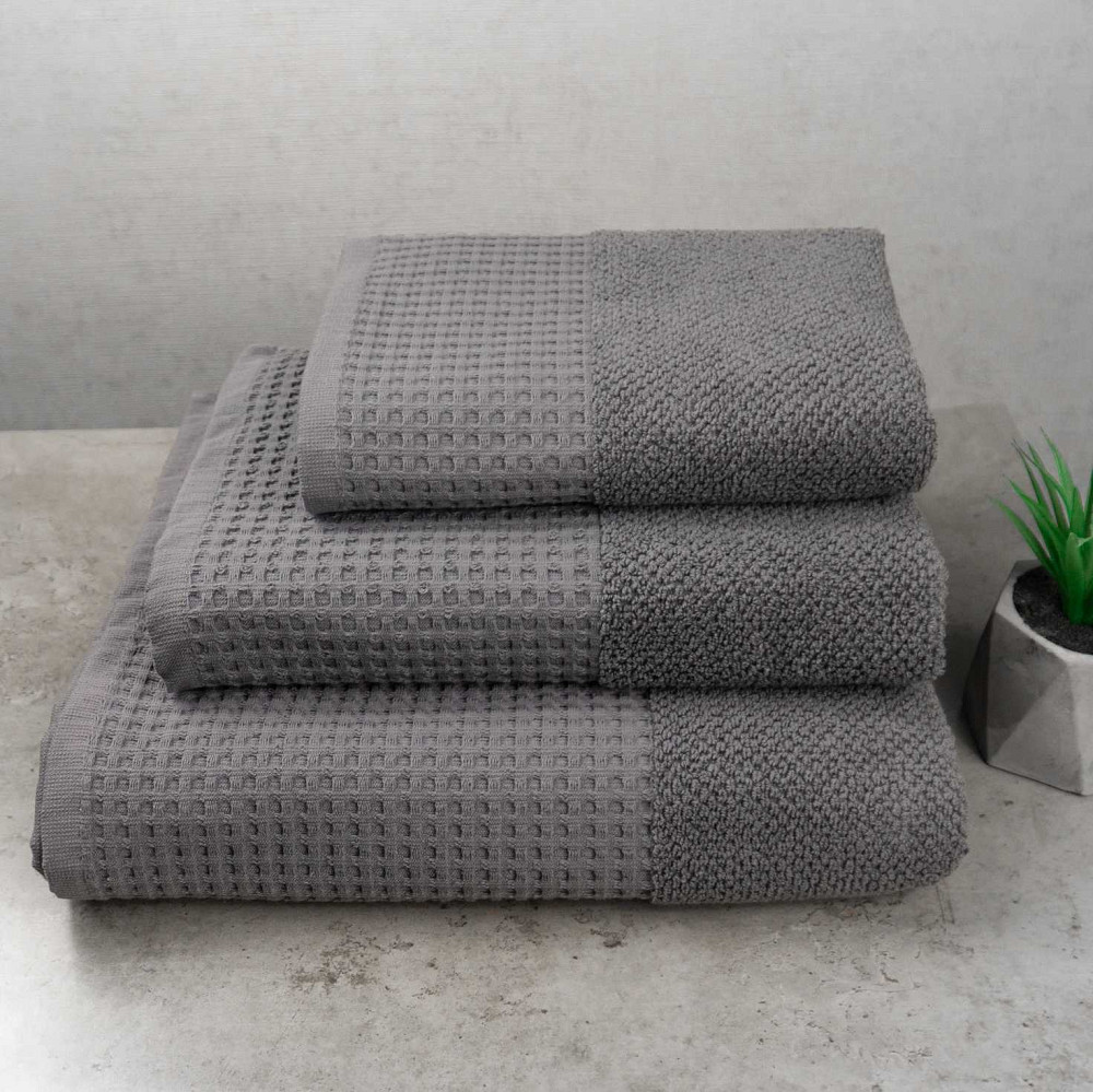 Комплект махрових рушників Вафельний Бордюр 3шт GM Textile 40х70см, 50х90см, 70х140см 500г/м2 (Сірий) Суми - фото 1