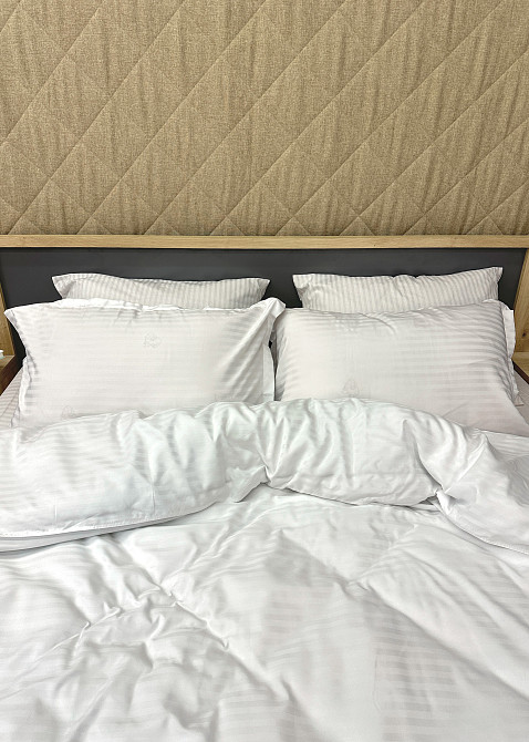 Комплект постельного белья Страйп-сатин Двуспальный 180х220 с простыней на резинке Белый (88-086) Киев - изображение 7