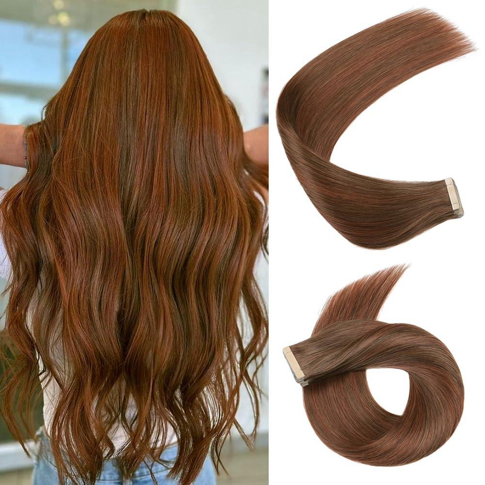 Накладные пряди на клейкой основе натуральные волосы 50 см ленточное наращивание шоколадные с рыжим оттенком Киев - изображение 1
