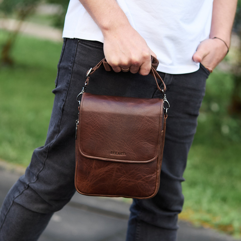 Мужская барсетка Tiding Bag с клапаном через плечо (24 х 20 х 6 см) с гладкой кожи (Коричневый) Винница - изображение 5