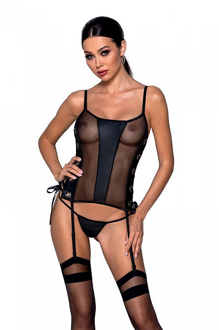 Сітчастий корсет з люверсами і знімними пажами Passion MALWIA CORSET 2XL/3XL black екошкіра, стрінги Sex Aura Київ - фото 2