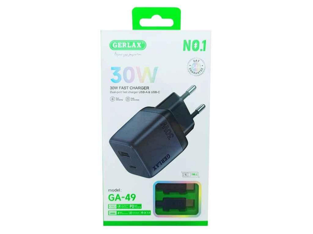 Сетевое зарядное устройство Type-C GA-49T 1USB/30W/QC3.0/PD черный ТМ GERLAX Киев - изображение 1