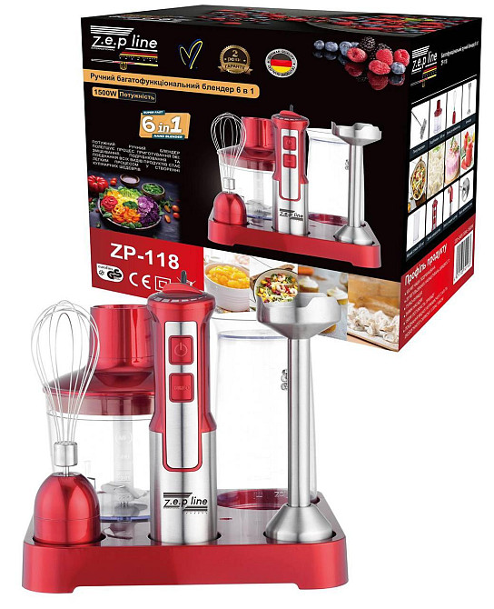 Погружний ручний блендер 6в1 1500Вт на підставці Zepline ZP-118, Чаша подрібнювача 500 мл Червоний Одеса - фото 3