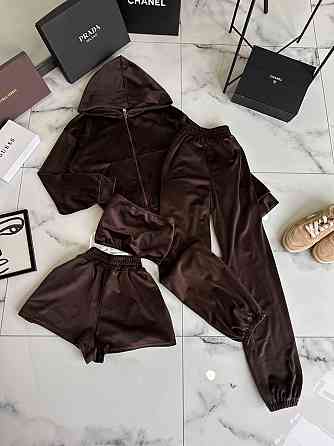 Жіночий прогулянковий костюм четверка: худі, топ, шорти та штани турецький велюр спорт Шоколадний Одеса