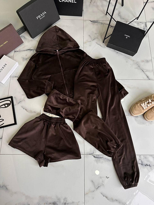Женский прогулочный костюм четверка: худи, топ, шорты и штаны турецкий велюр спорт Шоколадный Одесса - изображение 1