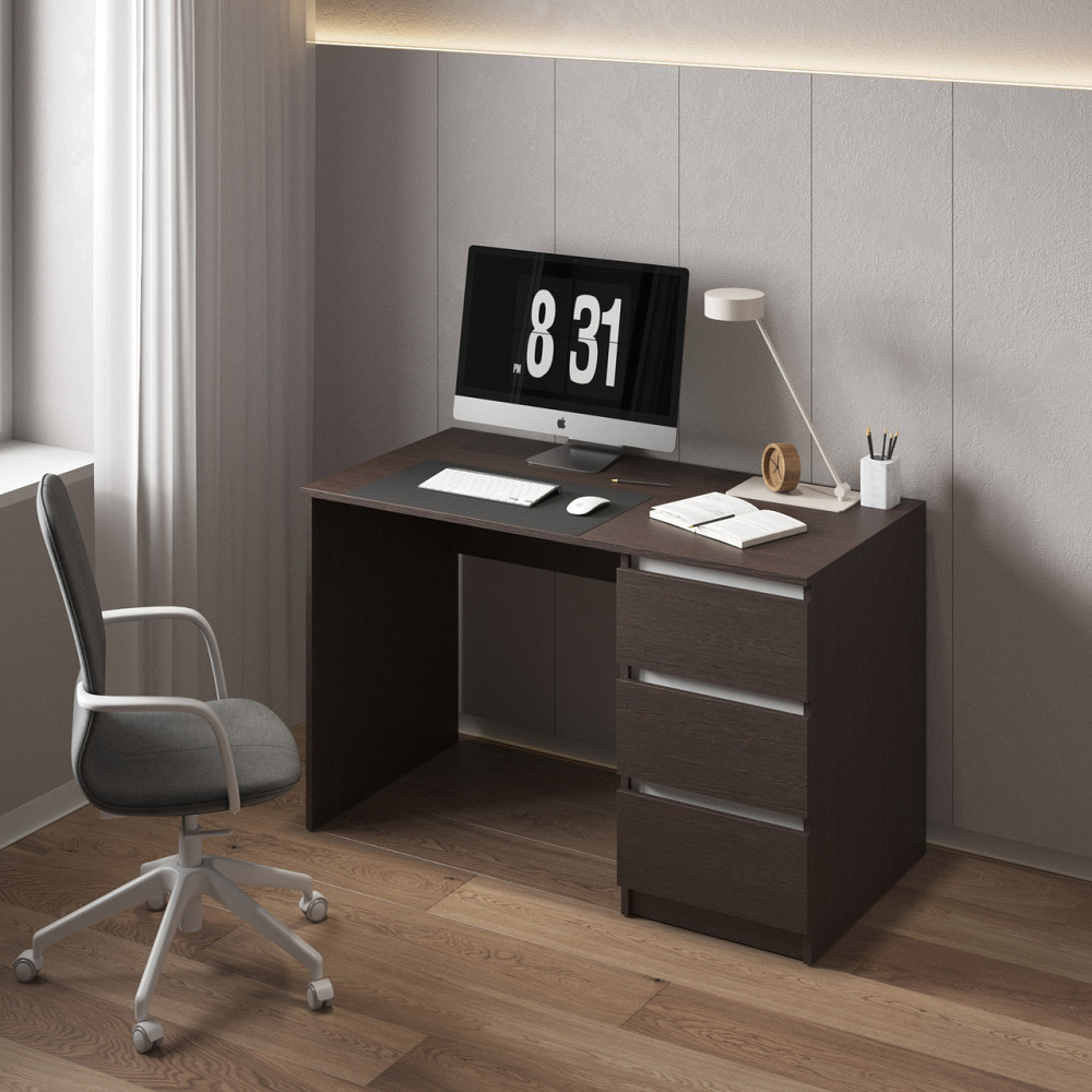 Компьютерный стол VAYS, письменный, современный, с тумбой cправа, 3 ящика з фасадами без ручек R-1 Венге Темный-Белые планки Львов - изображение 1