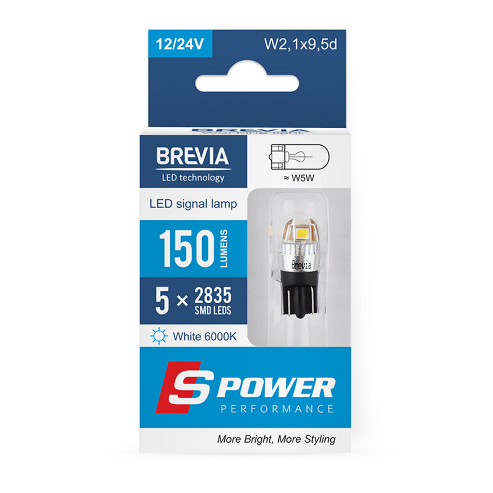 LED автолампа Brevia S-Power W5W 150Lm 5x2835SMD 12/24V CANbus, 2шт Київ - фото 1