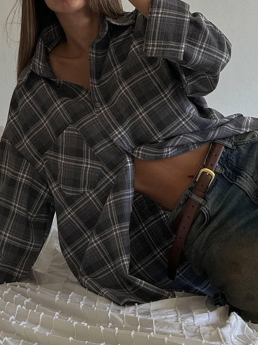 Жіноча трендова сорочка оверсайз у клітинку фланель Сірий Одеса - фото 5