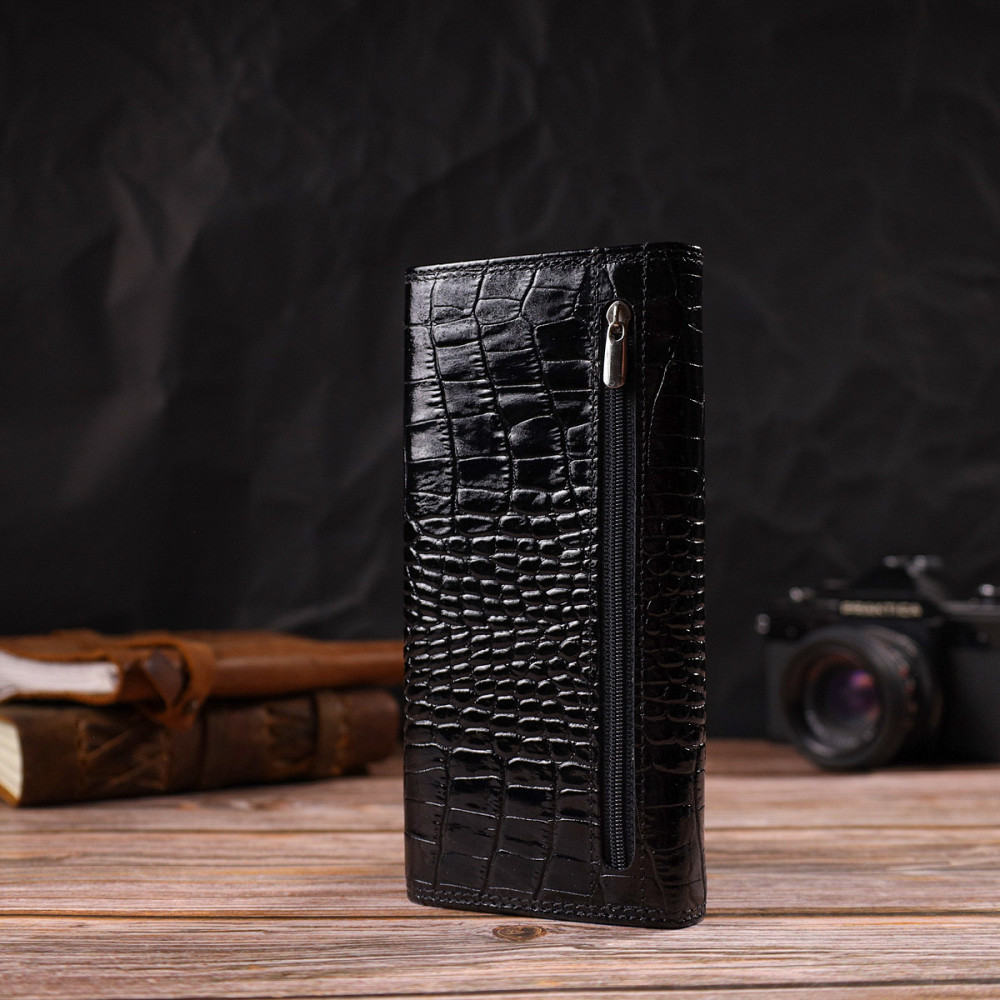 Стильный женский кошелек из лакированной натуральной кожи с тиснением под крокодила CANPELLINI 21707 Черный Киев - изображение 9