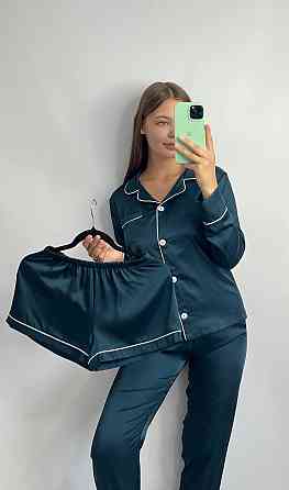 Комплект шелковый тройка рубашка с шортами и штанами Темно-изумрудный XL Харьков