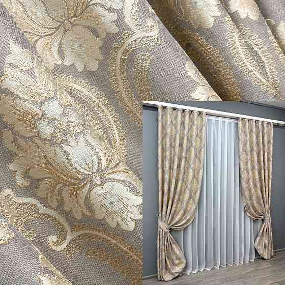 Комплект готових штор VR-Textil Льон Корона Марія № 1265ш Темно-сірий з золотистим 140х270 см 2 шт (39-904) Київ