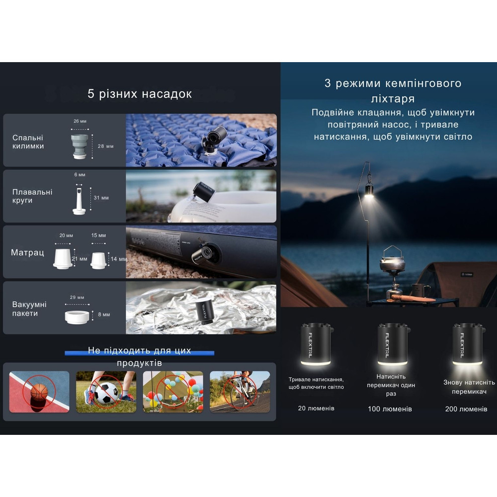 Насос-ліхтар кемпінговий Flextail Tiny Pump Х, чорний Рівне - фото 3