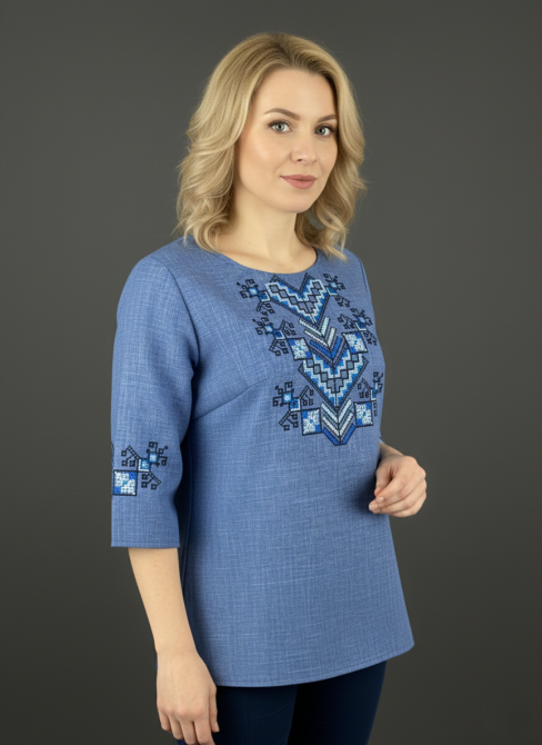Вишита жіноча вишиванка в кольорі джинс з орнаментом  «Дерево життя» Київ - фото 2