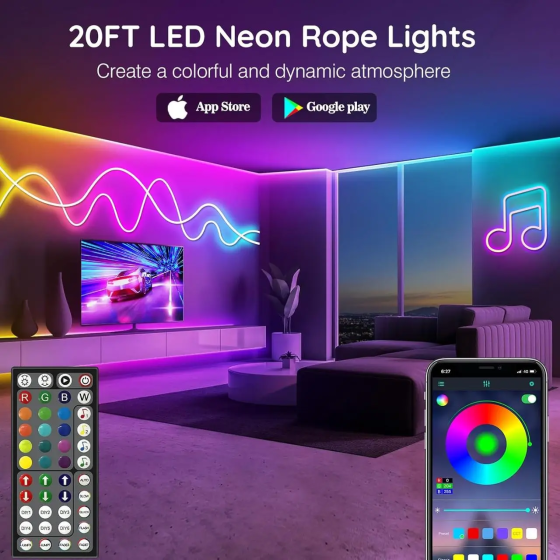 Неонова RGB LED-стрічка LETIANPAI 6 м, керування з телефона та пульта, музичний режим, 29 ефектів, таймер, IP65 Київ