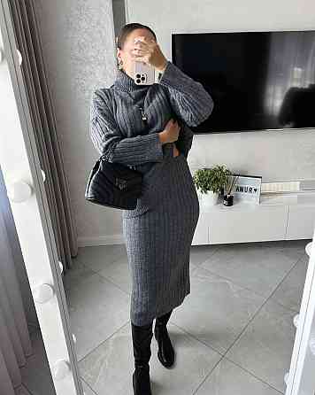 Женский теплый базовый костюм: свитер и юбка машинная вязка + ангора Антрацит Одесса