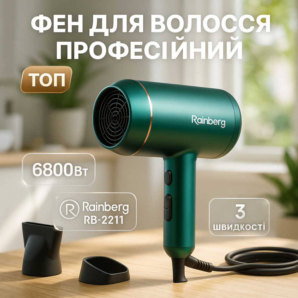 Фены для сушки волос Rainberg, Фен для волос с насадками, Фен мощный, Хороший мощный фен дорожный MP-40 Львов - изображение 20