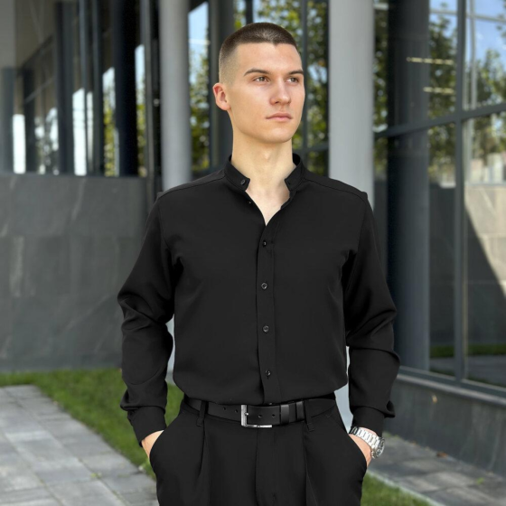 Чорна Чоловіча сорочка Pobedov Legend стильна сорочка на весну/осінь з коміром стійкою Одеса