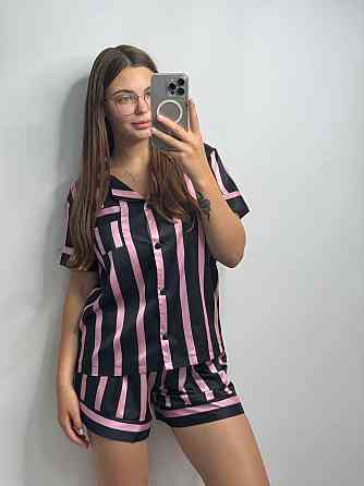 Женская пижама сатиновая Черно-розовый полоска XL-2XL Харьков