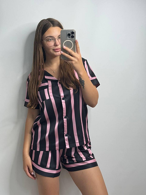 Женская пижама сатиновая Черно-розовый полоска XL-2XL Харьков - изображение 1