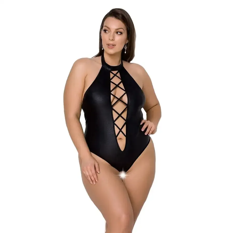 Боді з екошкіри Passion NANCY BODY 6XL/7XL black, з імітацією шнурівки та відкритим доступом Львов - изображение 1