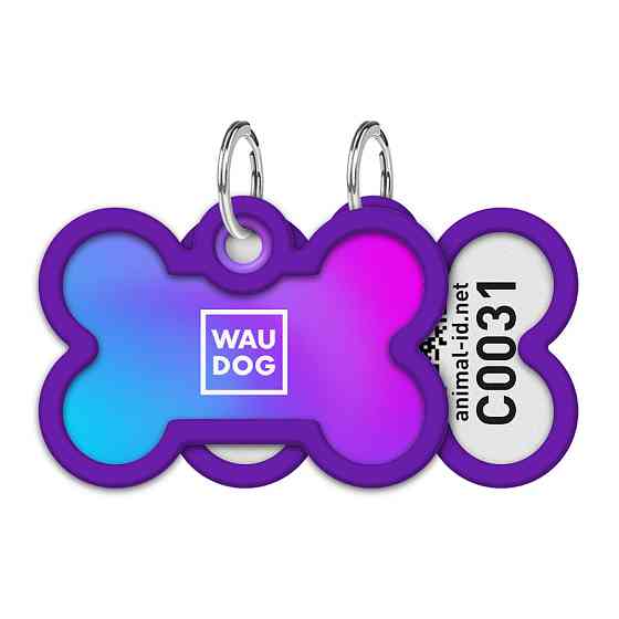 Адресник для собак і котів металевий WAUDOG Smart ID з QR паспортом, малюнок "Градієнт фіолетовий", кістка, Д 40 мм, Ш 28 мм Київ