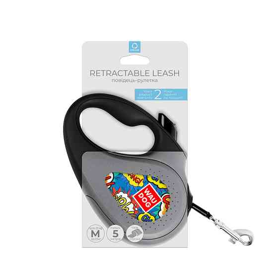 Повідець-рулетка для собак WAUDOG R-leash, малюнок "ВАУ", M, до 25 кг, 5 м, світловідбивна стрічка чорний Вінниця