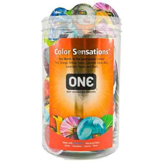 Набір презервативів ONE Color Sensations, 100 шт, кольорові, 10 кольорів, зі змазкою, паковання-тубус Sex Aura Київ